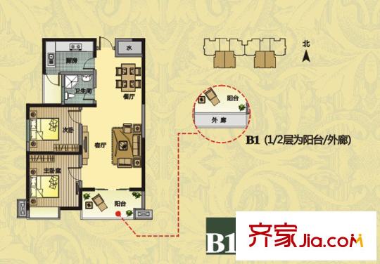 西港碧水灣B1戶型1層戶型圖 2室2廳1衛(wèi)1廚