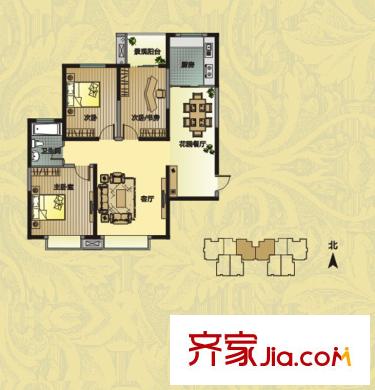 西港碧水灣C1戶型1-5層戶型圖 3室2廳1衛(wèi)1廚