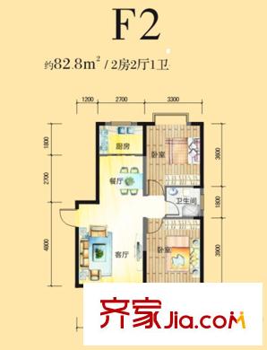 八水御源1-3號樓F2戶型 2室2廳1衛(wèi)1廚