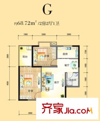 八水御源1-3號樓G戶型 2室2廳1衛(wèi)1廚