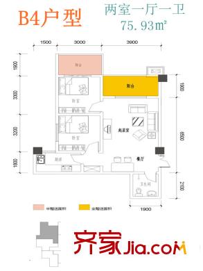 尚邦25時(shí)區(qū)1號(hào)樓B4戶型 2室1廳1衛(wèi)1廚