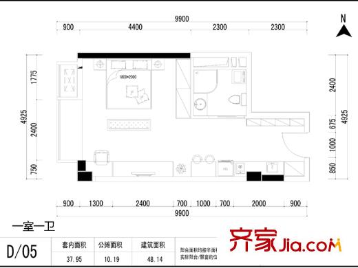 天壇佳苑（地塊）公寓1#D/05戶(hù)型 1室1衛(wèi)
