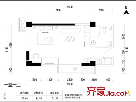 天壇佳苑（地塊）公寓1#E戶(hù)型 1室1衛(wèi)