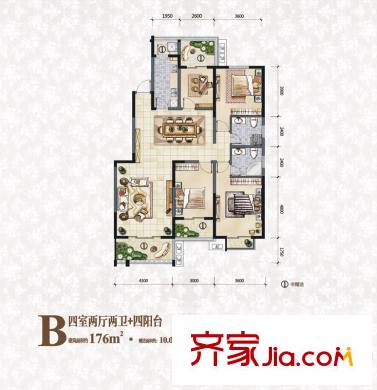 海棠華府3/4/號樓B戶型 4室2廳2衛(wèi)1廚