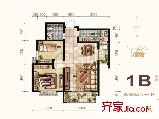 希爾國(guó)際公館1號(hào)樓1B戶型 2室2廳1衛(wèi)1廚