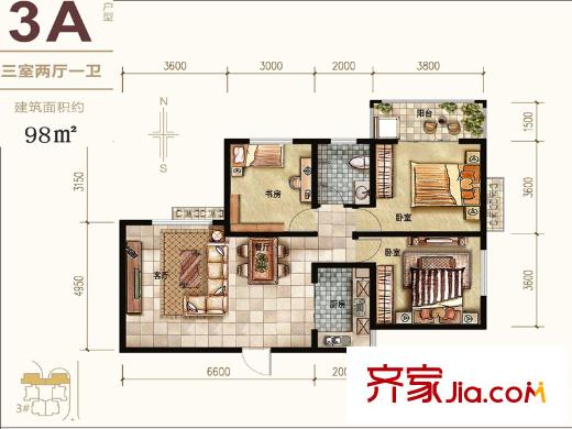 希爾國(guó)際公館3號(hào)樓3A戶型 3室2廳1衛(wèi)1廚