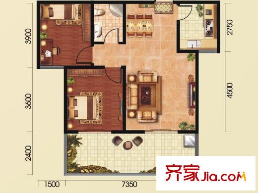 和平春天20號樓E3戶型 2室2廳1衛(wèi)1廚