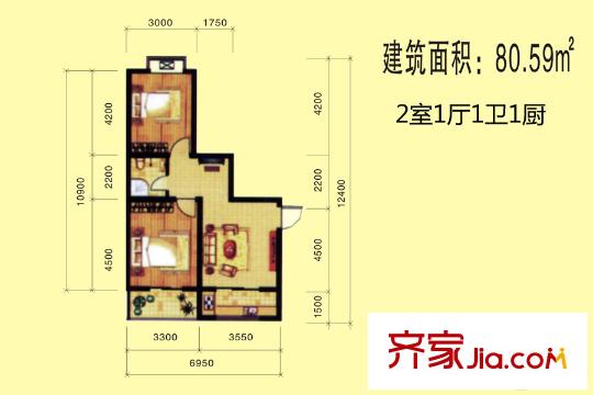 公園新世紀(jì)14號樓80.59平戶型 2室1廳1衛(wèi)1廚