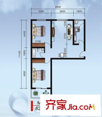 世園茗城M戶型 2室1廳1衛(wèi)1廚