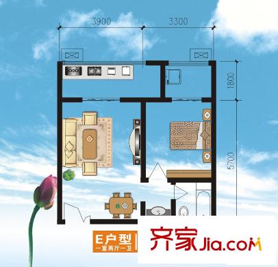 世園茗城二期E戶型 1室2廳1衛(wèi)1廚