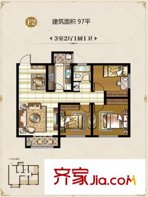 清涼山國(guó)際社區(qū)20號(hào)樓F2戶型 3室2廳1衛(wèi)1廚
