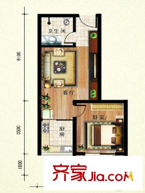 翰林17坊1號(hào)樓B2戶型 1室1廳1衛(wèi)1廚