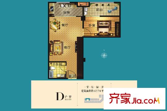 長慶坊?璽岸公寓D戶型 1室1廳1衛(wèi)1廚