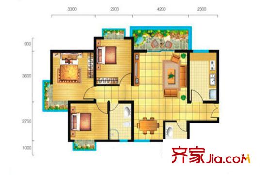 平方米秀天下4號(hào)樓J戶型 3室2廳2衛(wèi)1廚