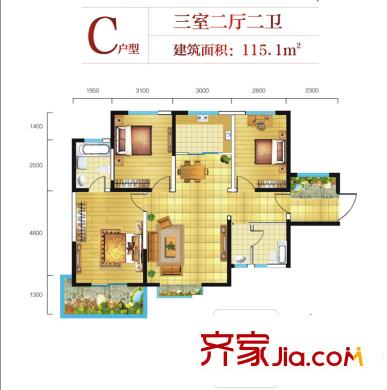 平方米秀天下2號(hào)樓C戶型 3室2廳2衛(wèi)1廚