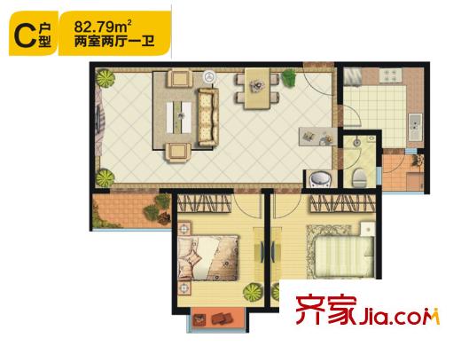 佳龍?大沃城10號樓C戶型 2室2廳1衛(wèi)1廚