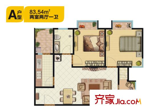佳龍?大沃城10號樓A戶型 2室2廳1衛(wèi)1廚