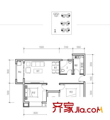 漢城壹號(hào)1-9號(hào)樓5d戶(hù)型圖 2室2廳1衛(wèi)1廚