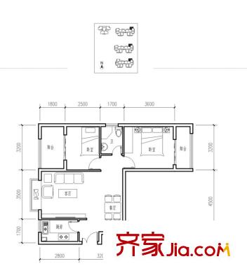 漢城壹號(hào)1-5號(hào)樓5j戶(hù)型圖 2室2廳1衛(wèi)1廚