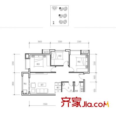 漢城壹號(hào)1-9號(hào)樓5c戶(hù)型圖 3室2廳1衛(wèi)1廚