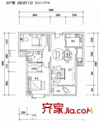 高新v v時代D戶型 2室2廳1衛(wèi)1廚