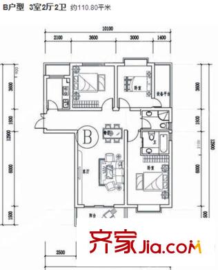高新v v時代B戶型 3室2廳2衛(wèi)1廚