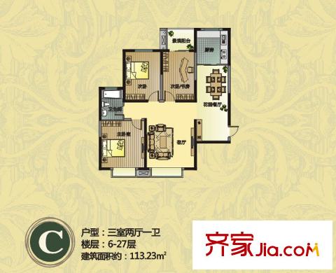 西港碧水灣C戶型6-27層戶型圖 3室2廳1衛(wèi)1廚