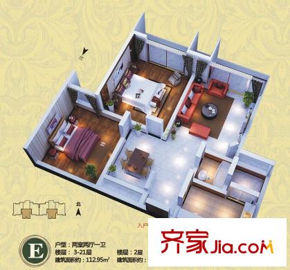 西港碧水灣E戶型3-21層戶型圖 2室2廳1衛(wèi)1廚