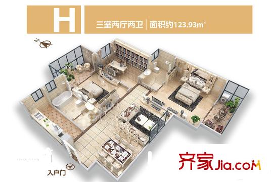 華東?萬(wàn)悅城3、4、5、6號(hào)樓H戶型 3室2廳2衛(wèi)1廚