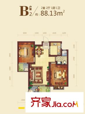 曲江?國風(fēng)世家B2戶型圖 2室2廳1衛(wèi)1廚