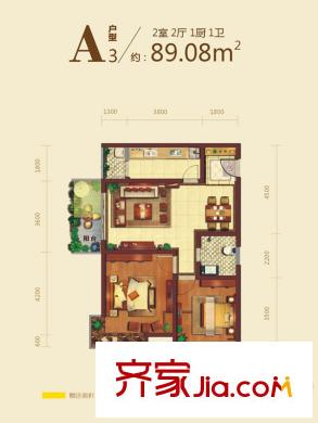 曲江?國風(fēng)世家A3戶型圖 2室2廳1衛(wèi)1廚