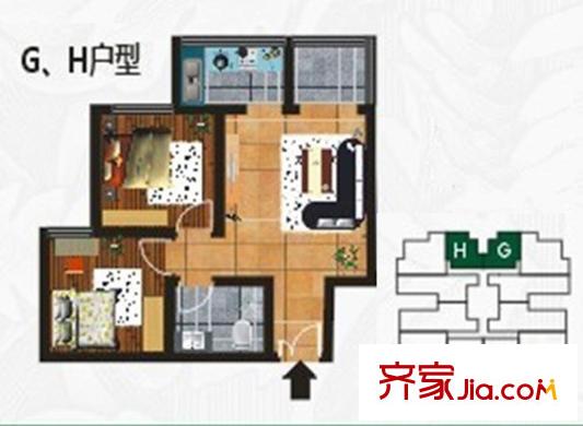 榮欣1#1號(hào)樓G、H戶(hù)型 2室1廳1衛(wèi)1廚