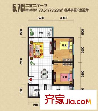 尚東國際城5.7C戶型 2室2廳1衛(wèi)1廚