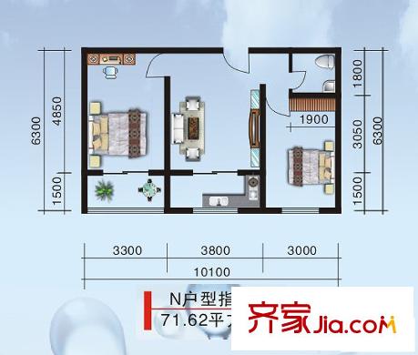 世園茗城N戶型 2室1廳1衛(wèi)1廚