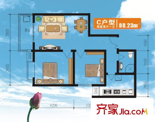 世園茗城二期C戶型 2室2廳1衛(wèi)1廚