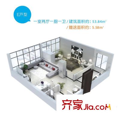 鉑悅E戶型戶型圖 1室2廳1衛(wèi)1廚