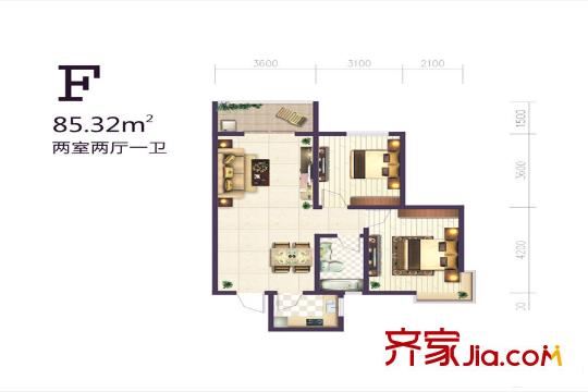 碧璽華庭1號(hào)樓F戶型 2室2廳1衛(wèi)1廚