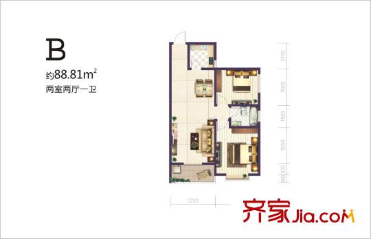 碧璽華庭B戶型 2室2廳1衛(wèi)1廚