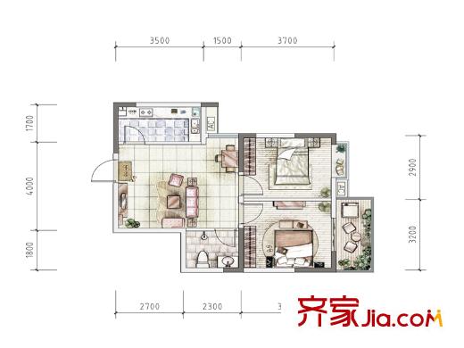 大唐新干線E1、E2號樓K戶型 2室2廳1衛(wèi)1廚