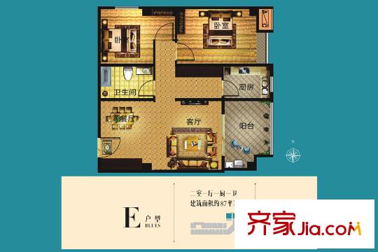 長慶坊?璽岸公寓E戶型 2室1廳1衛(wèi)1廚