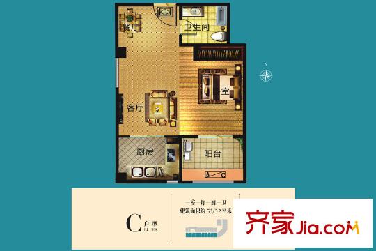 長慶坊?璽岸公寓C戶型 1室1廳1衛(wèi)1廚