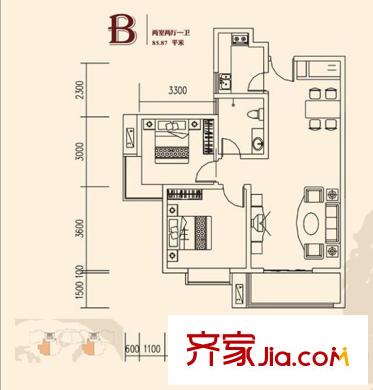 長慶坊?璽岸B戶型 2室2廳1衛(wèi)1廚