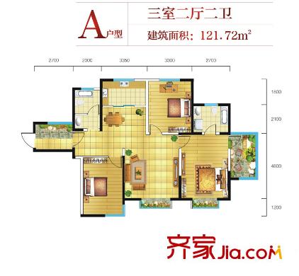 平方米秀天下2號(hào)樓A戶型 3室2廳2衛(wèi)1廚