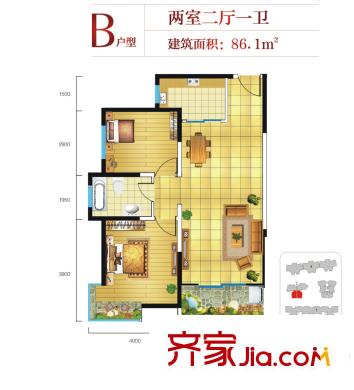 平方米秀天下2號樓B戶型 2室2廳1衛(wèi)1廚