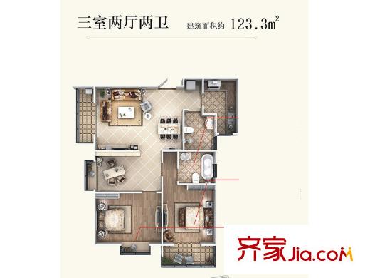 九如御6號(hào)樓、8號(hào)樓A戶型 3室2廳2衛(wèi)1廚