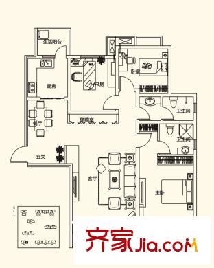 山水悅庭1號(hào)樓E戶型 3室2廳2衛(wèi)1廚