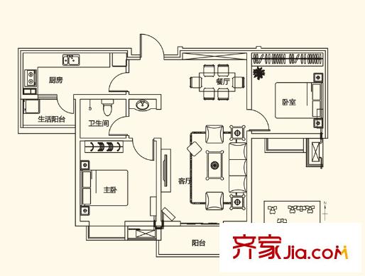 山水悅庭1號(hào)樓G戶型 2室2廳1衛(wèi)1廚