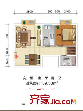 紫荊花園1號樓A戶型 1室2廳1衛(wèi)1廚
