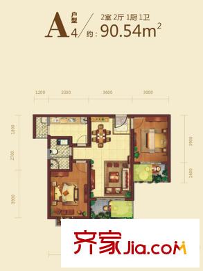 曲江?國風(fēng)世家A4戶型圖 2室2廳1衛(wèi)1廚