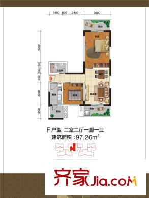 紫荊花園1號樓F戶型 2室2廳1衛(wèi)1廚